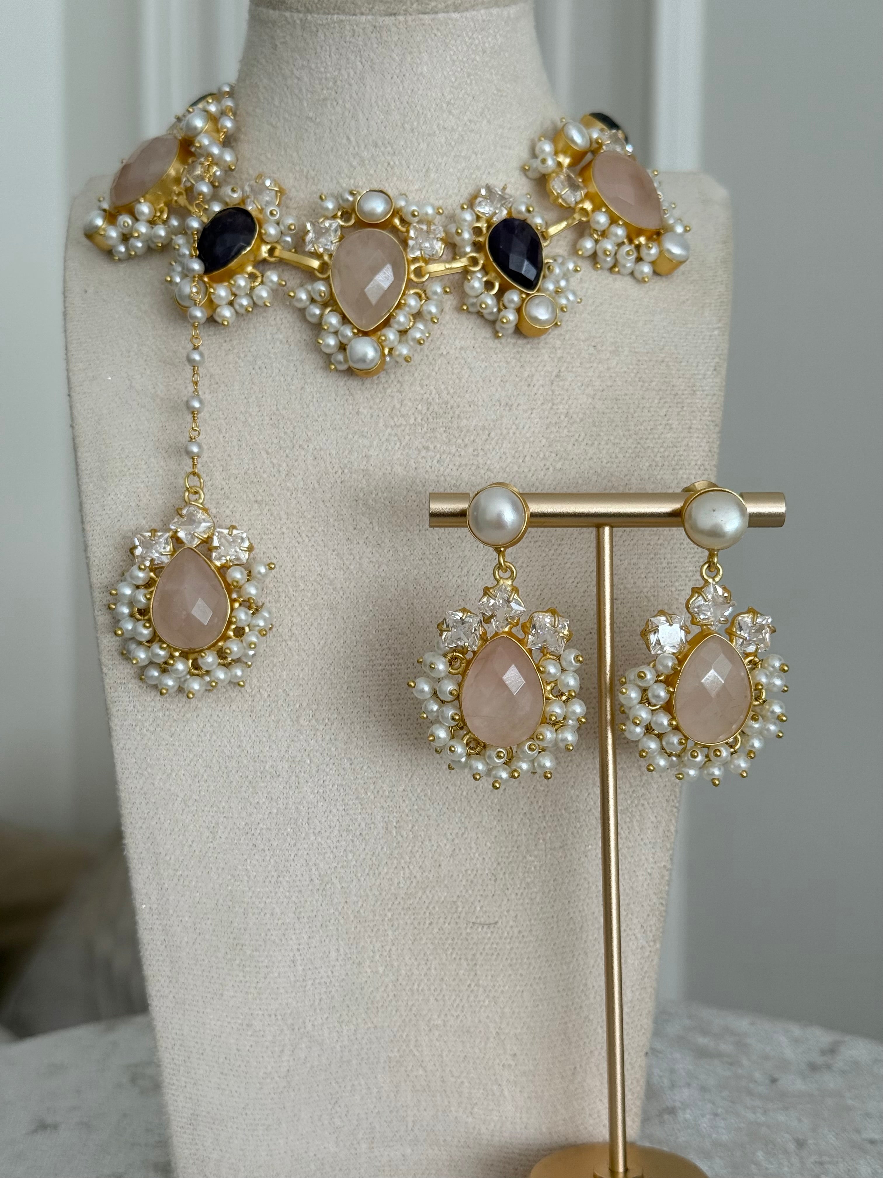 Fikra rose quartz & purple necklace set