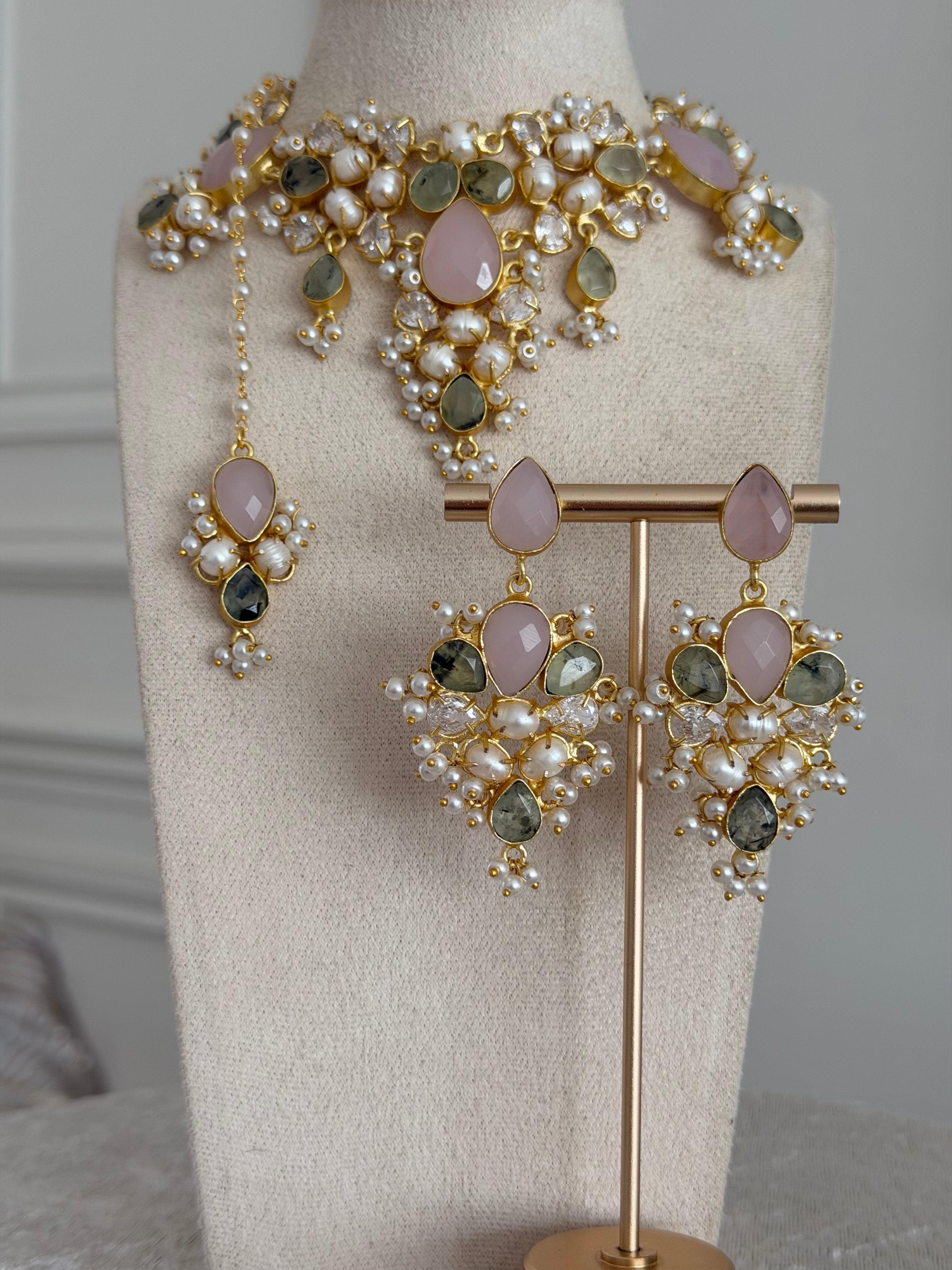Zaria Pink & Prehnite Necklace Set
