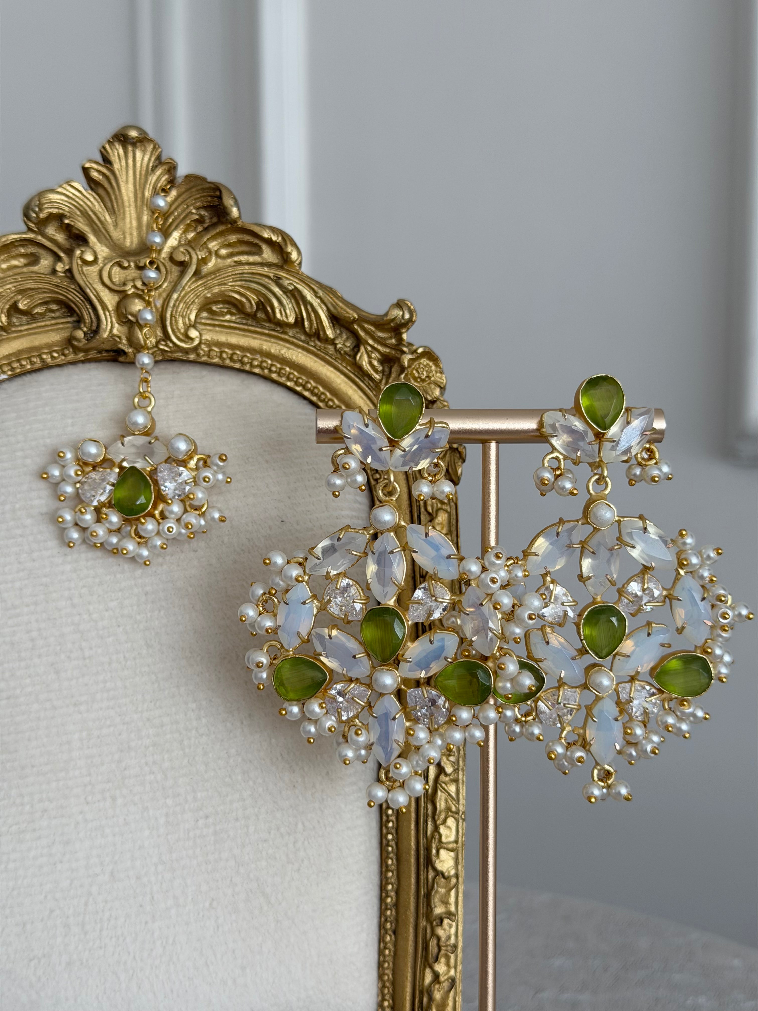 Mehek Olive Green & Moonstone Tikka Set