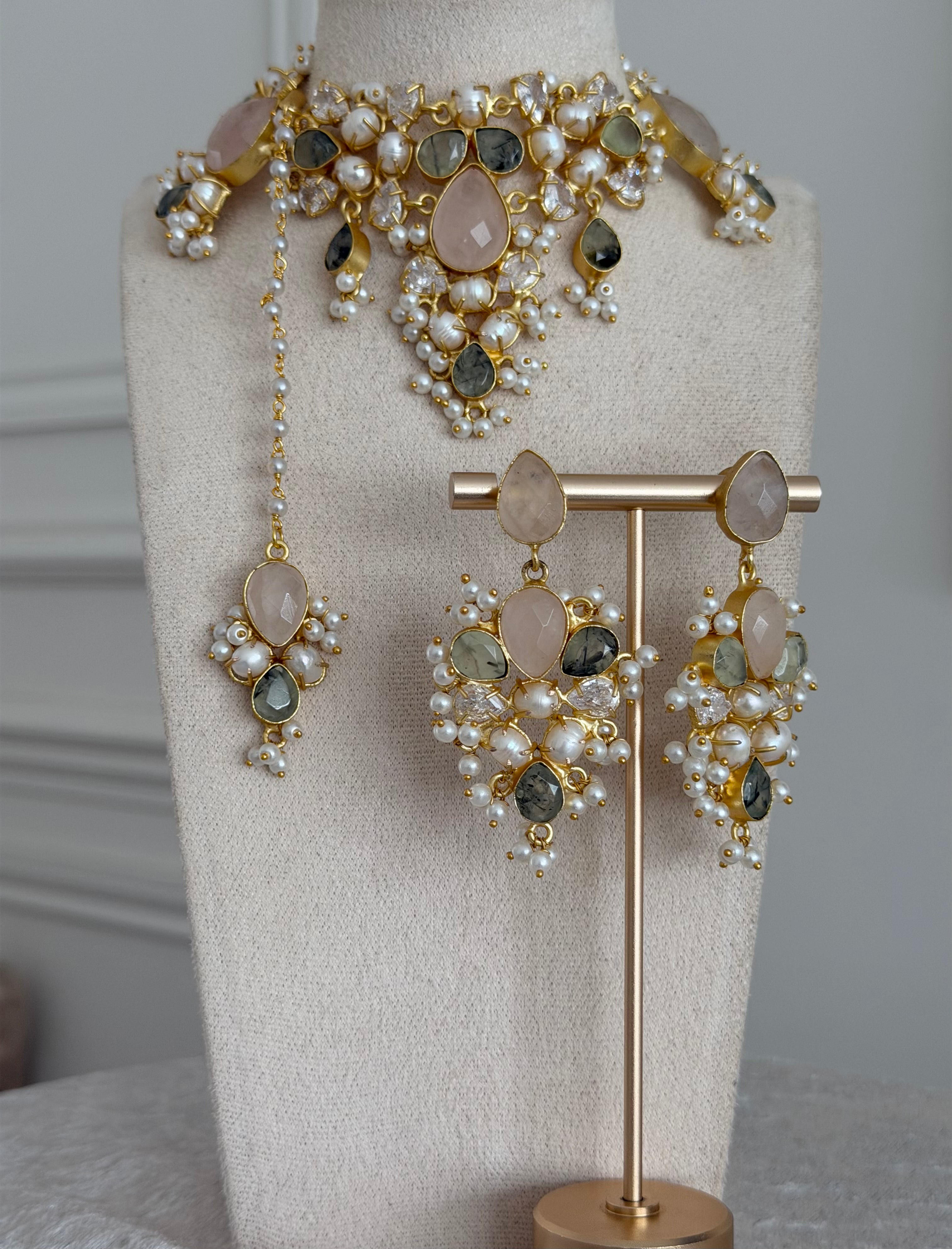 Zaria Rose Quartz & Prehnite Necklace Set