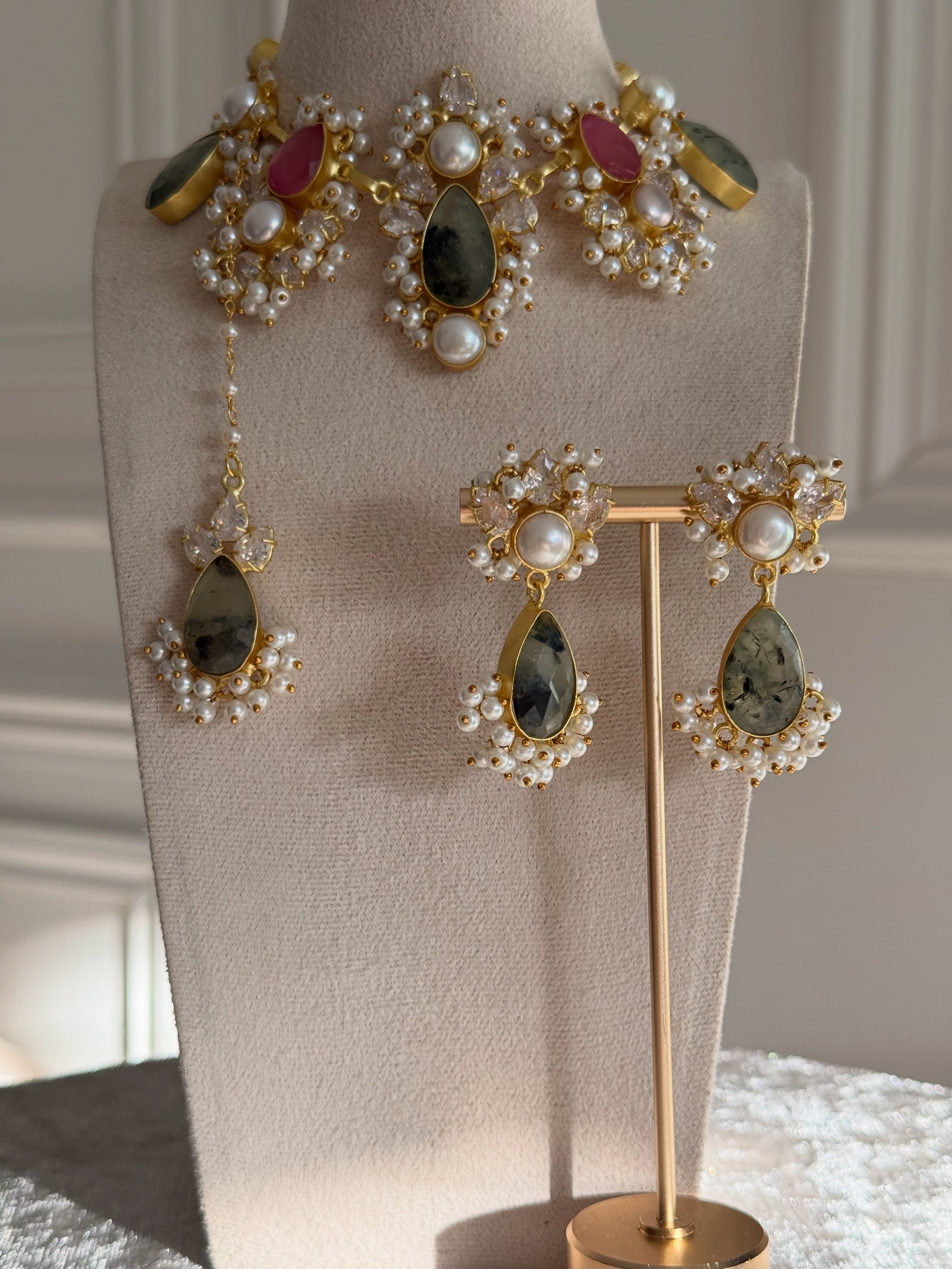 Celine Prehnite & Pink Necklace Set