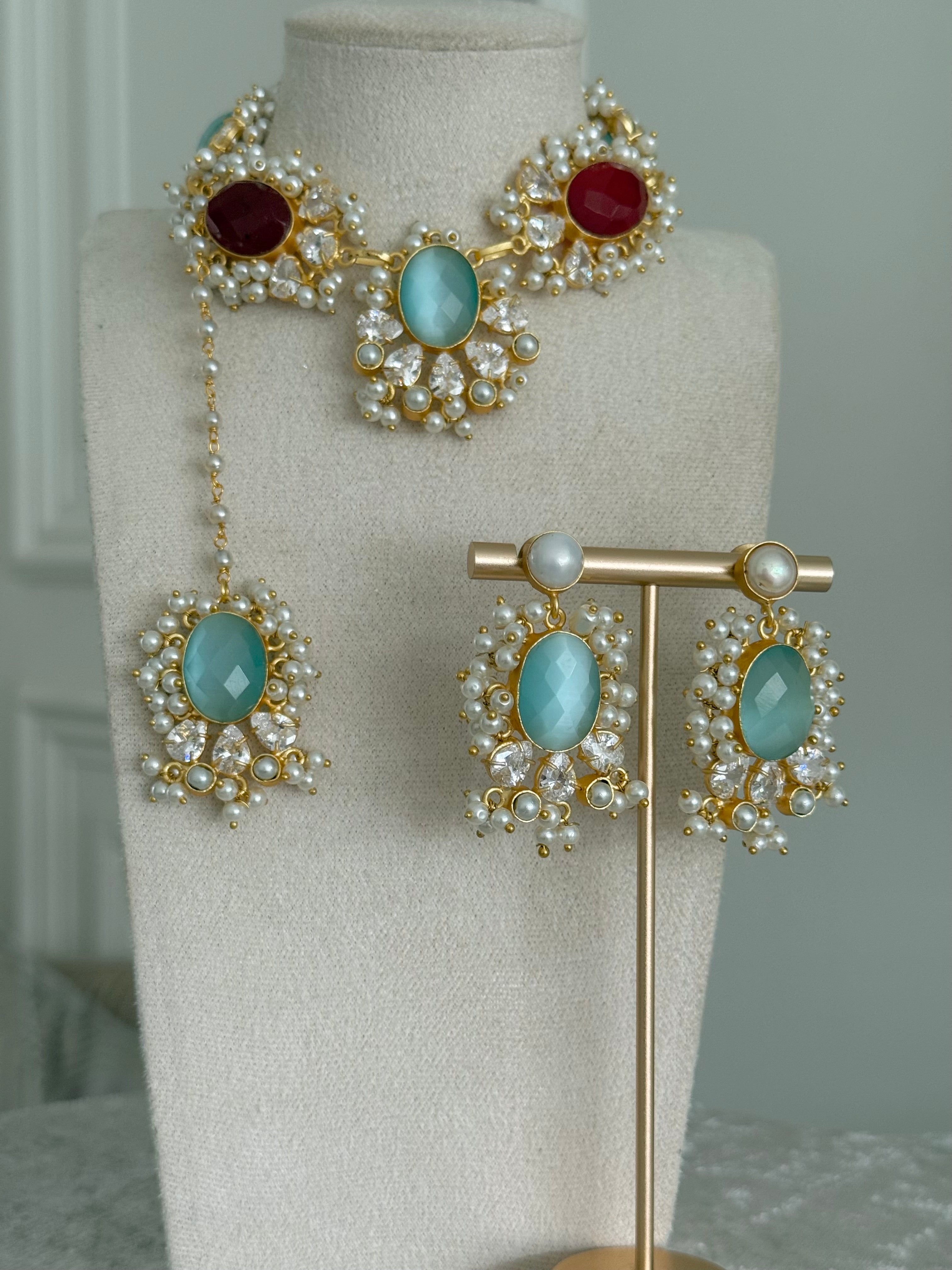 Eshal red and aqua necklace set