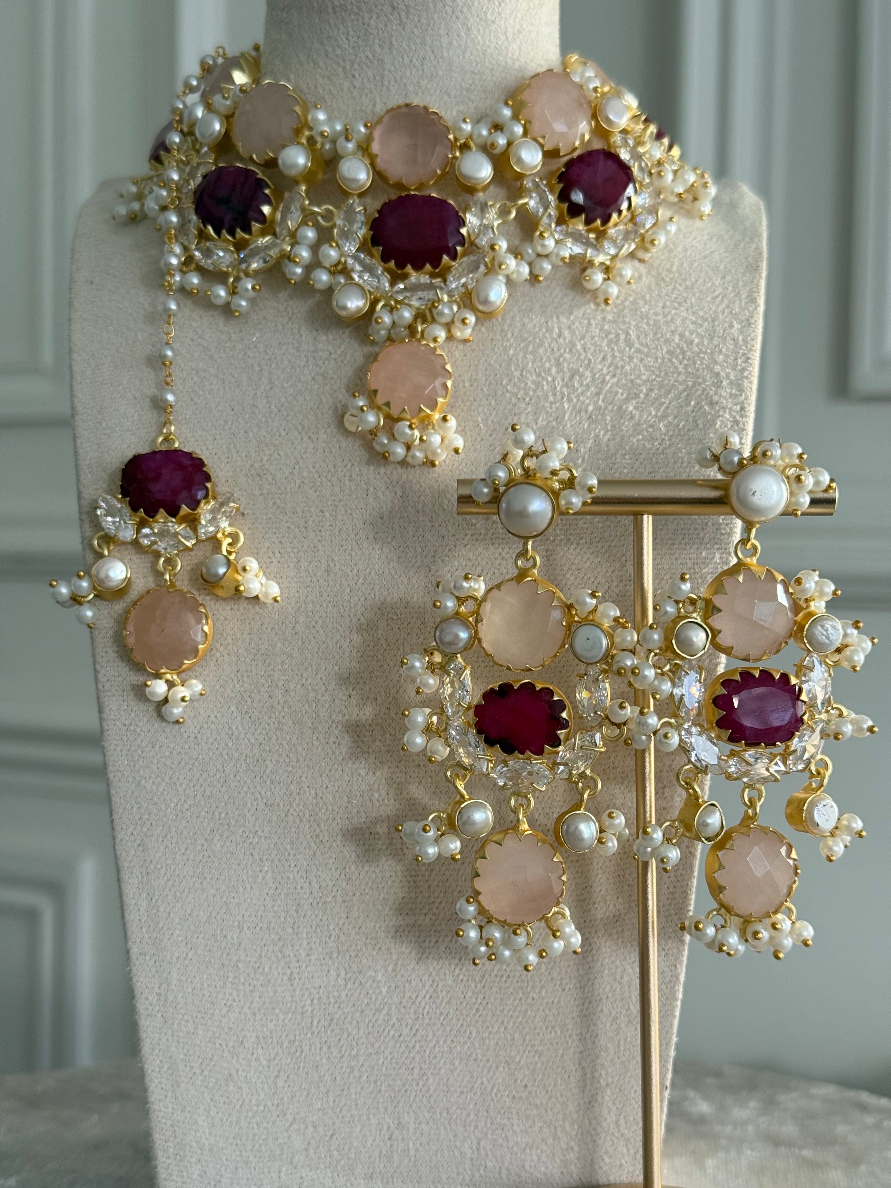 Maira Ruby & Rose Quartz Choker Set