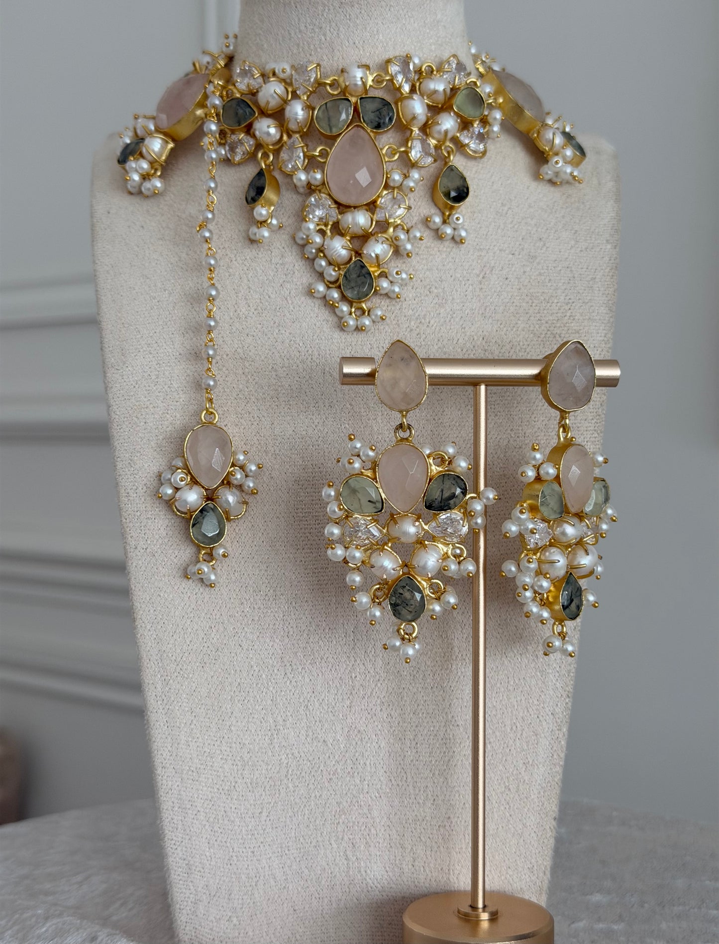 Zaria Rose Quartz & Prehnite Necklace Set