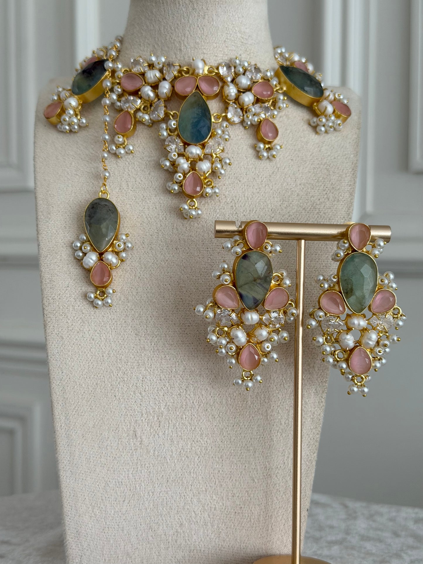 Zaria Prehnite & Pink Necklace Set