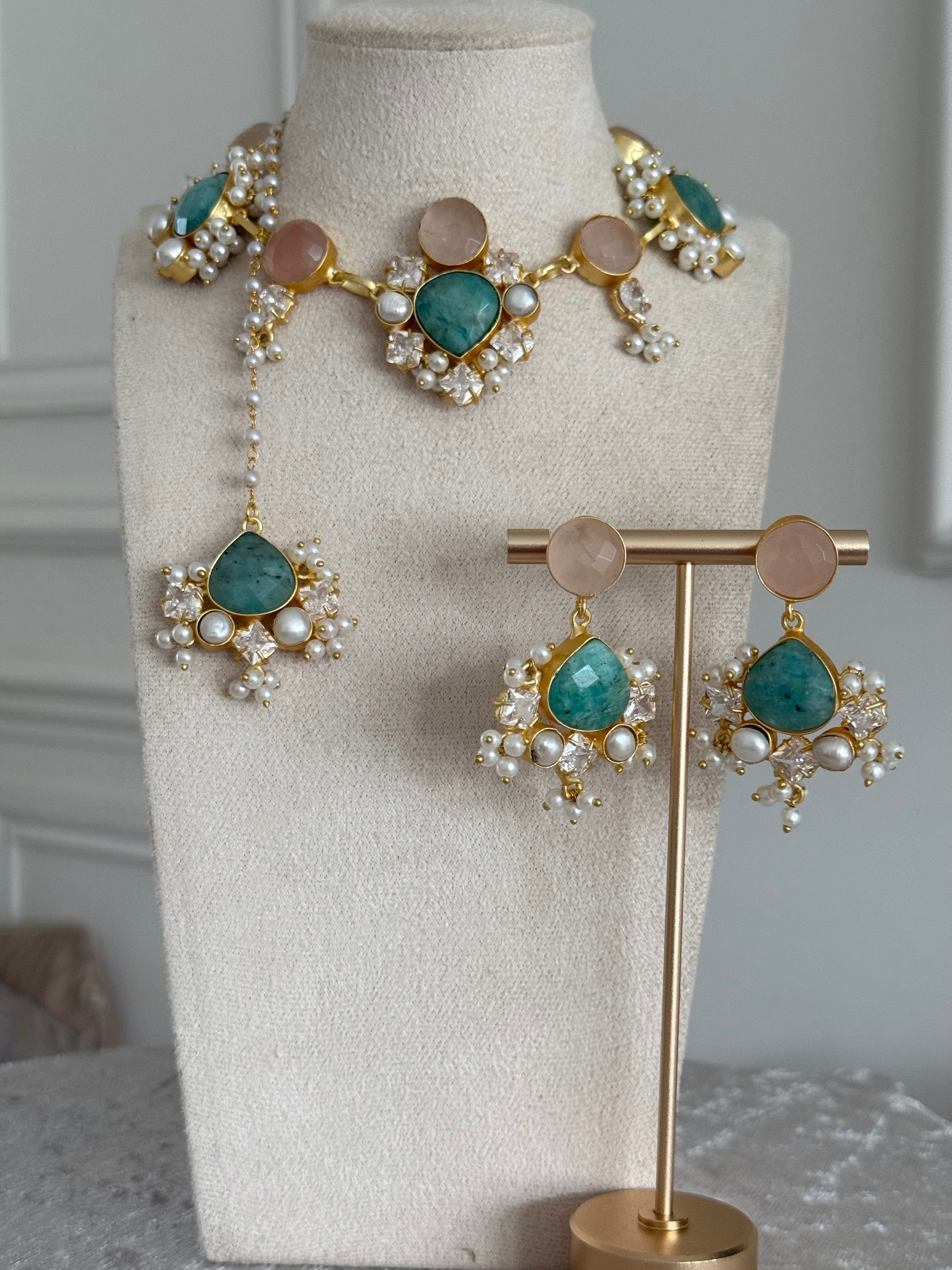 Raneem blue & rose quartz necklace set